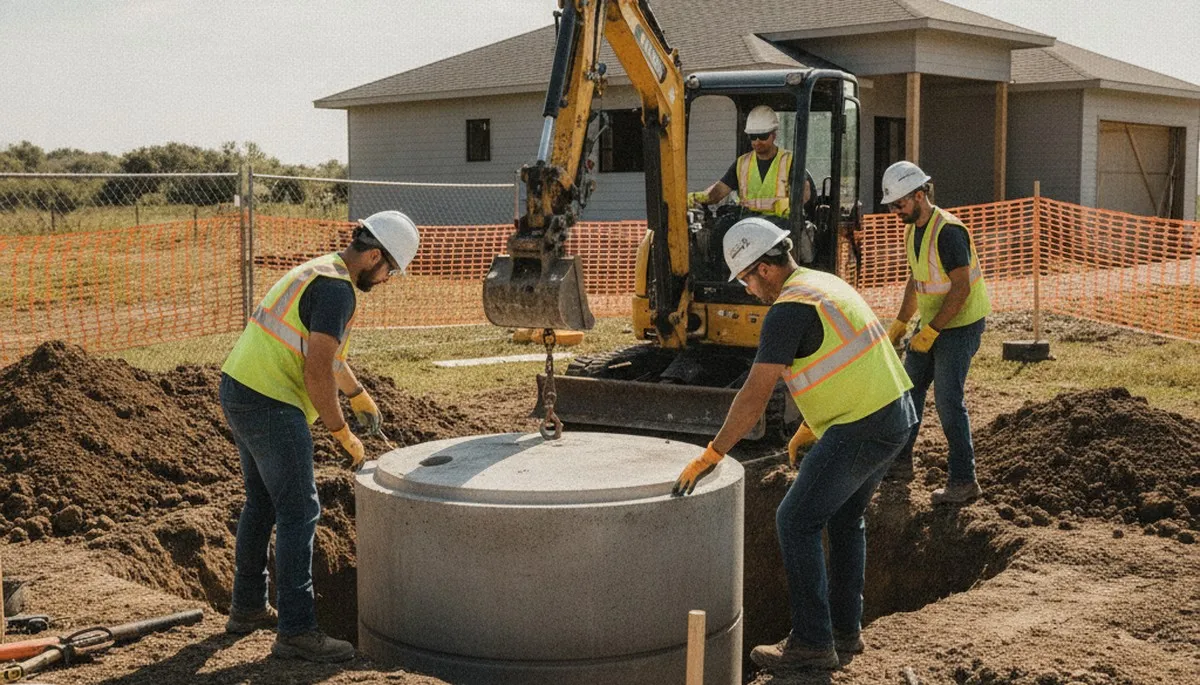 Septic tank installation crew servicing an Andover, MA home with site prep and plumbing work